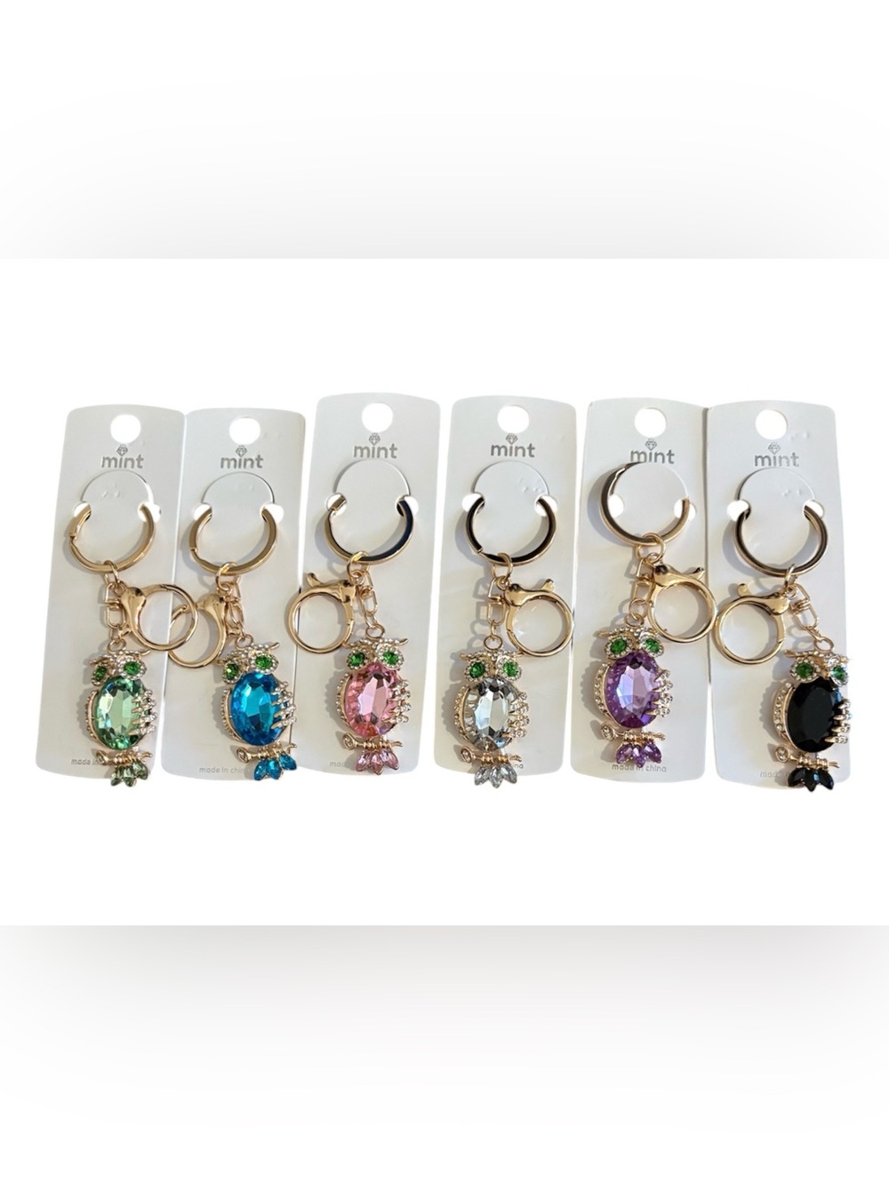 Mint Crystal Owl Keychain Bag Charm - Blue, Pink, Clear, Purple